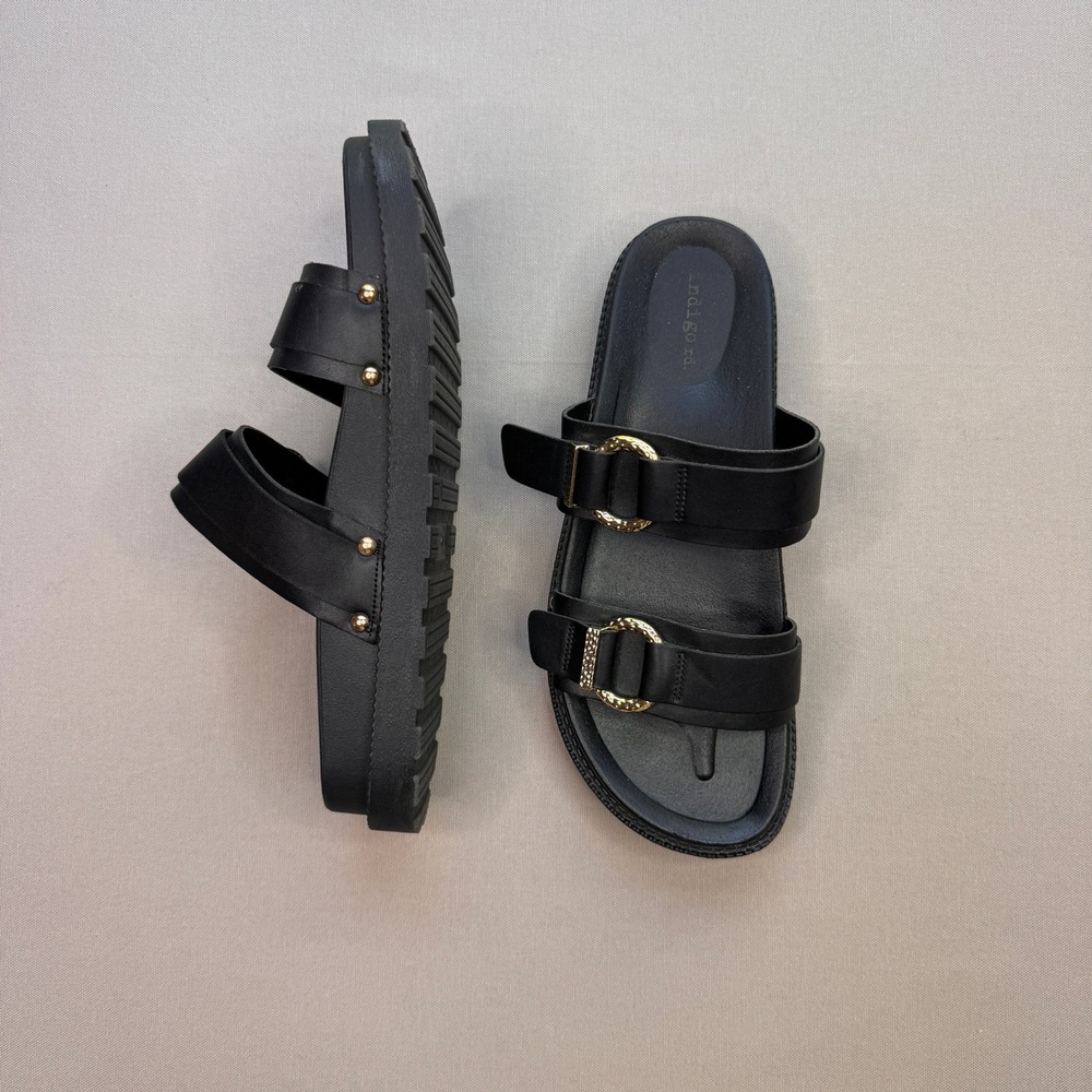 Indigo rd. Womens Black Double Strap Slide Sandals Gold Buckle Platform Size 10